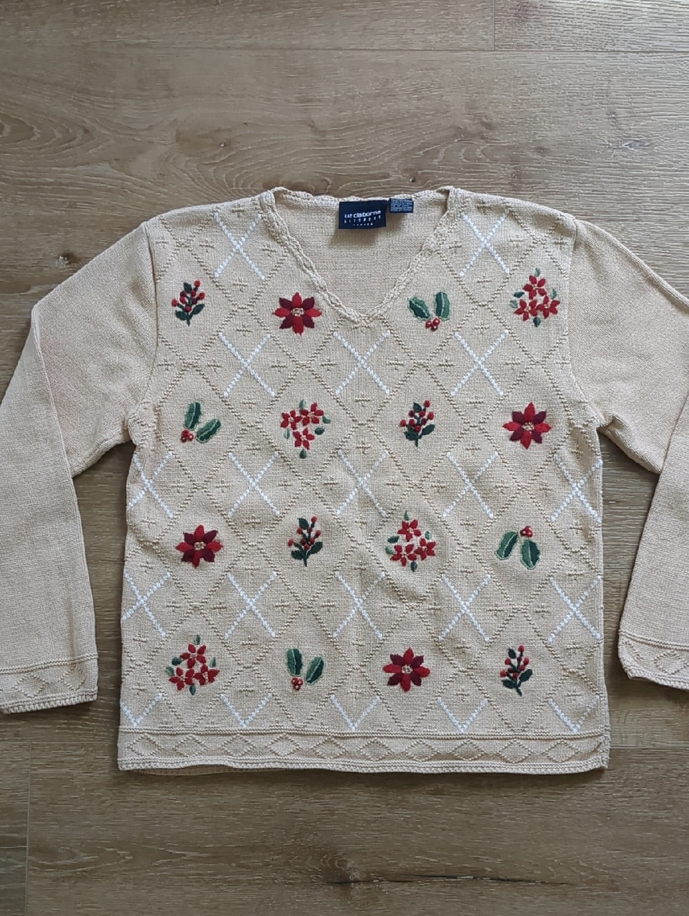 Vintage Liz Sport Cotton Holly Berry Pointsettia Holiday Sweater Medium